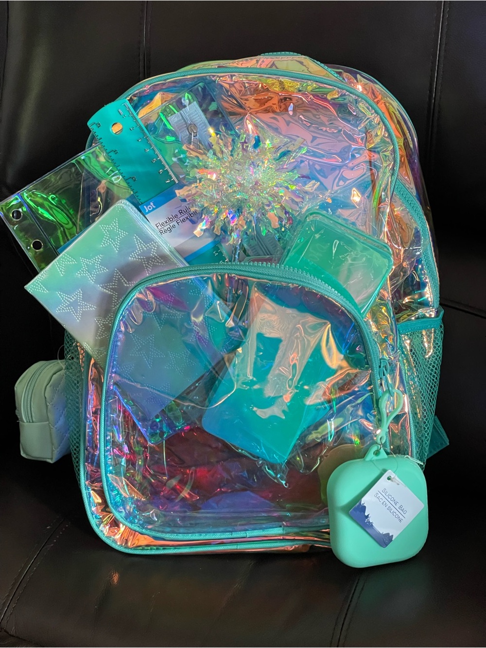 Holographic Teal Clear Backpack with Starry Wristlet